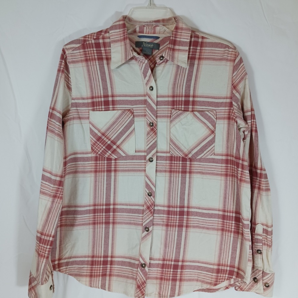 Natural Reflections Plaid Button Down Shirt Womens Medium Red Cream Cotton